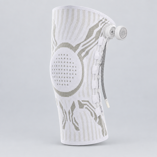 White knee brace, left knee