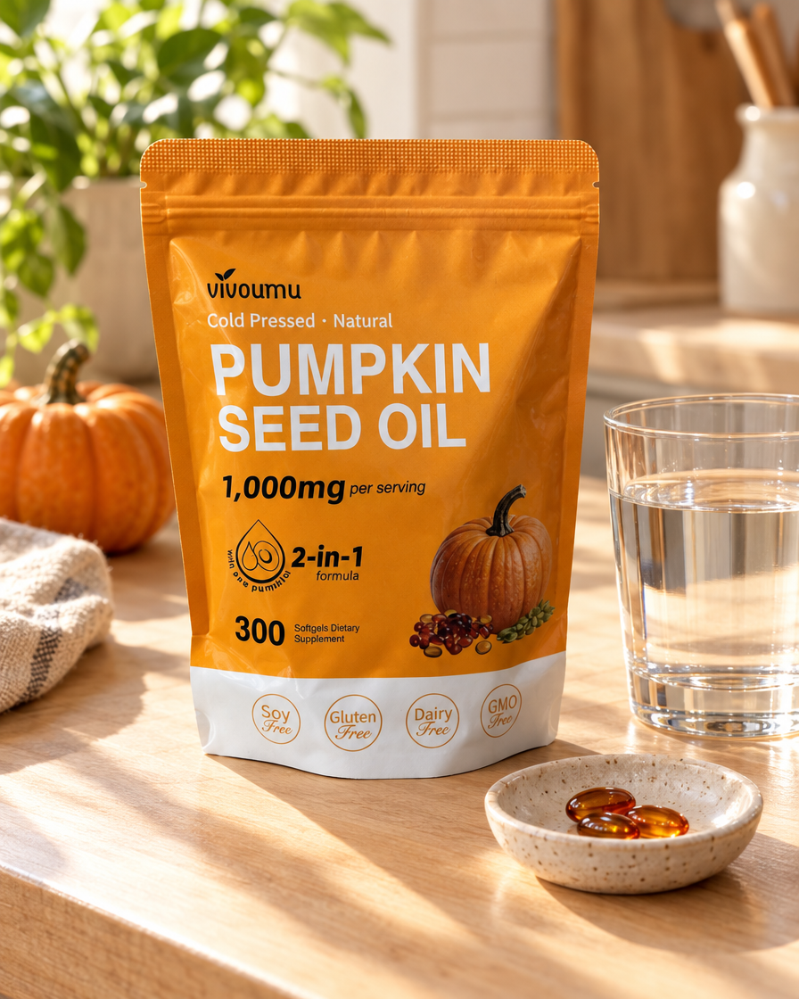Pumpkin seed oil bag on a kitchen counter with softgels and water