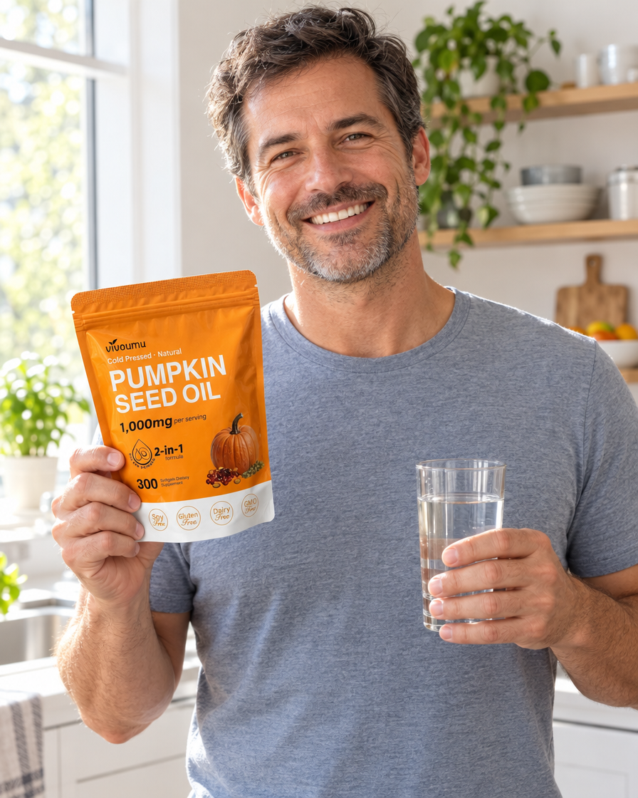 Man holding the pumpkin seed oil bag and a glass of water