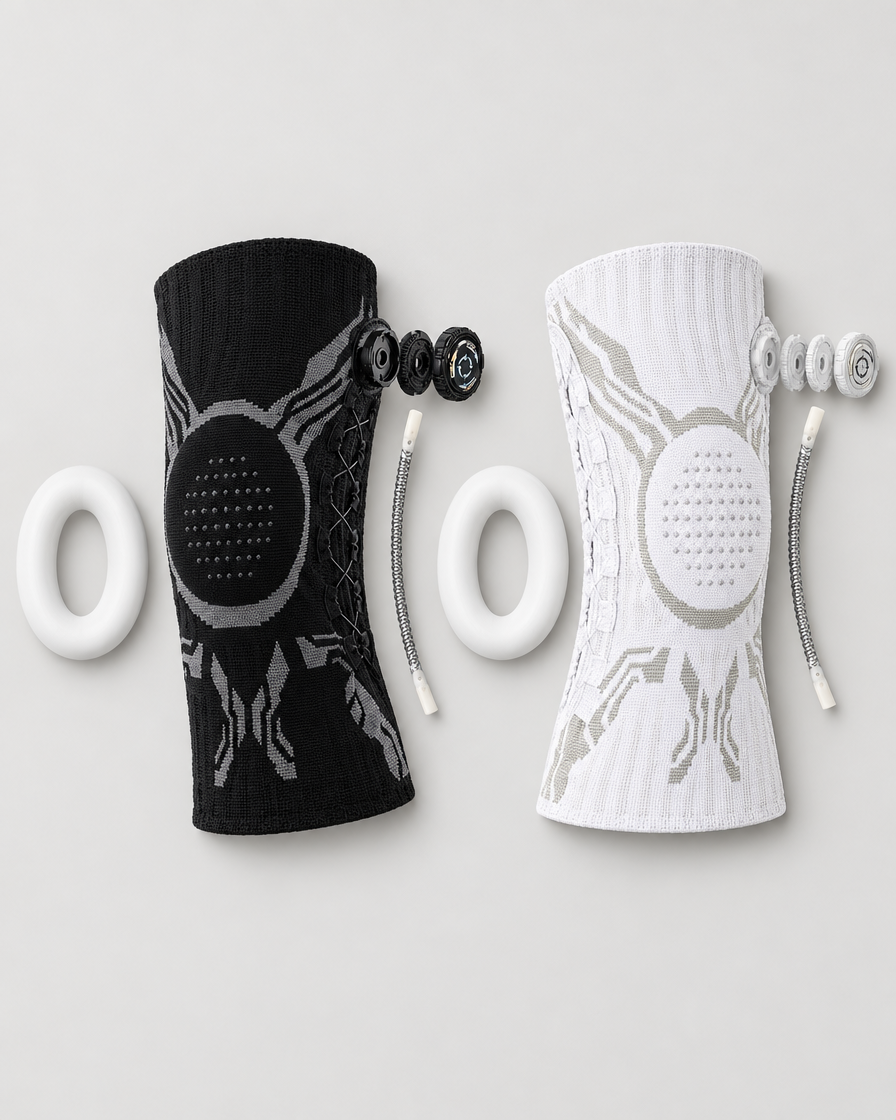 Black and white knee braces with silicone rings, springs and knobs