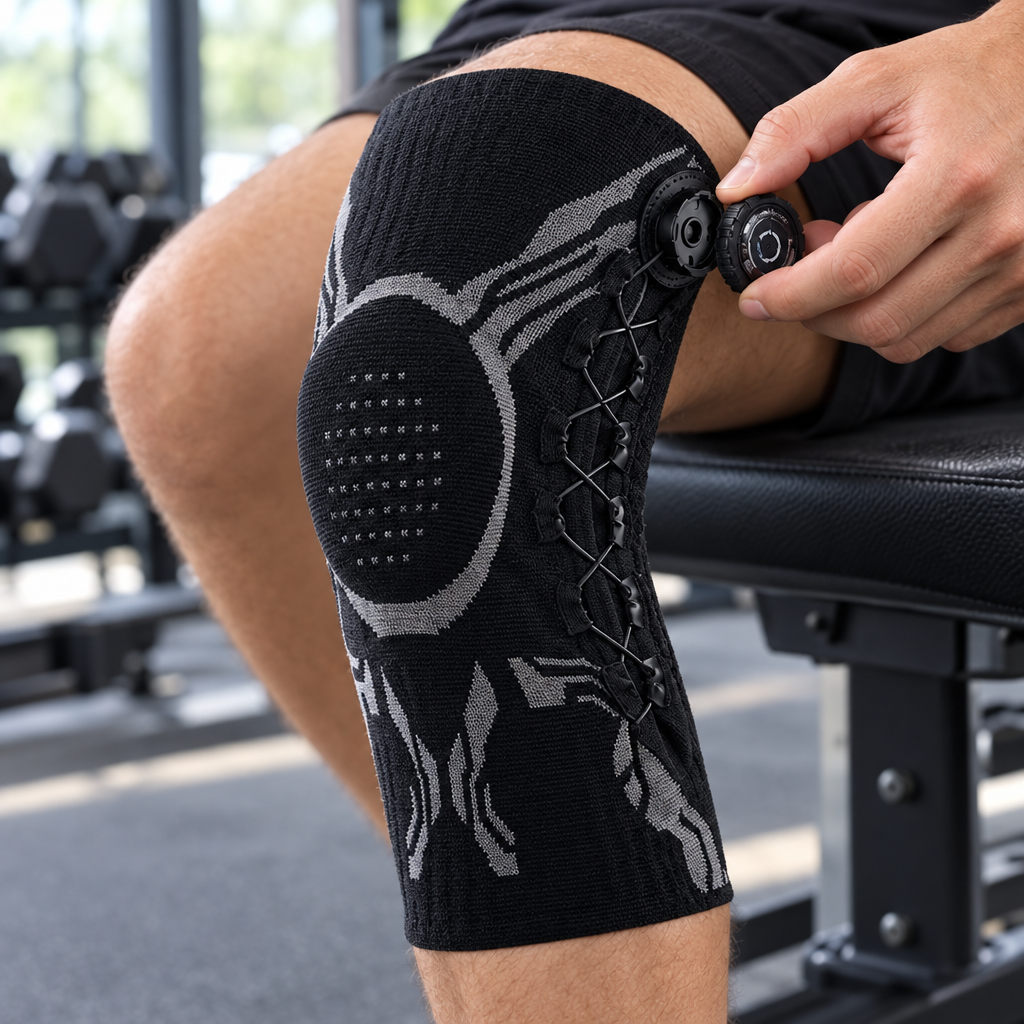 Hand turning the adjustment knob on the black knee brace